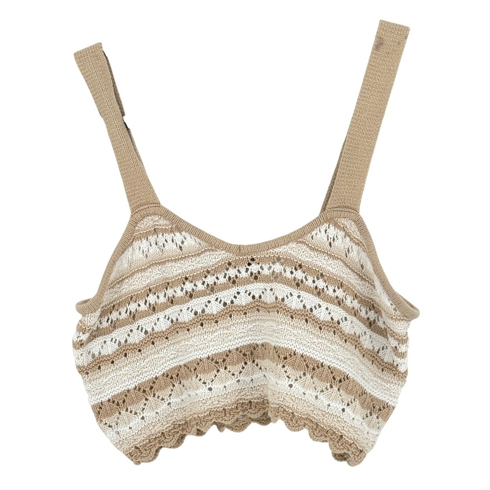 Crochet Knit Crop Top Festival Boho Fairy‎ Tan White Striped 100% Cotton Size M